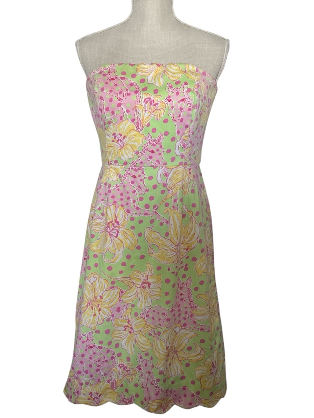 Lilly Pulitzer Strapless Floral Dress in Pastel Green, Pink & Yellow Sz/6